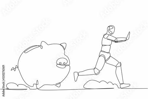 Single continuous line drawing stressed robot being chased by piggy bank. Economic crash. Losing money in tech industry. Robotic artificial intelligence. One line design vector graphic illustration