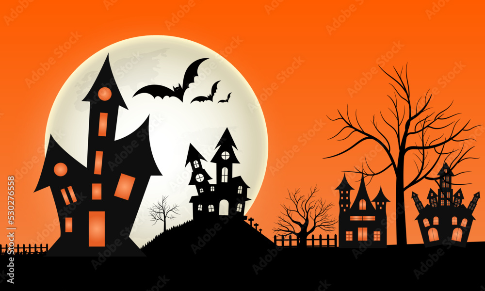 Halloween night spooky background with pumpkins and flying bats Orange Background 