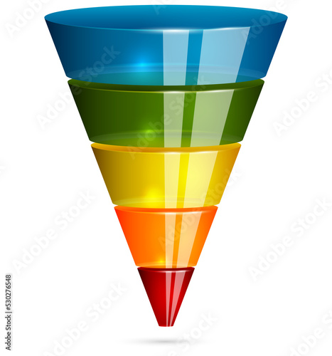 Glossy semitransparent sales funnel and pyramid for marketing infographic. Funnel glass vector element isolated on white background. Five steps sales infographic design