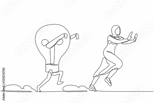 Single one line drawing fright Arab businesswoman being chased by light bulb. Female worker afraid with innovation business idea. Minimal metaphor. Continuous line design graphic vector illustration
