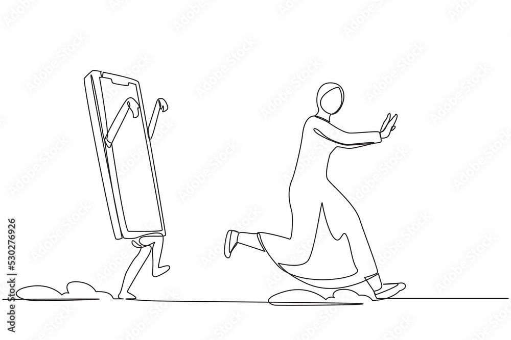 Obraz premium Single one line drawing fright Arabian businesswoman being chased by smartphone. Female employee afraid to talk with boss. Minimal metaphor concept. Continuous line design graphic vector illustration