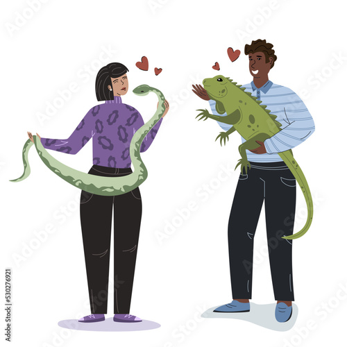 Woman and man are holding a big cute exotic snake and iguana. Love and friendship between humans and pets. Exotic pets. Person with their pet. Woman with python. Man with iguana. 
