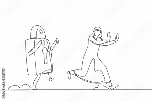 Continuous one line drawing unhappy Arabian businessman being chased by padlock. Manager failed to get business protection security. Minimalist metaphor. Single line design vector graphic illustration