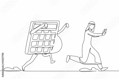 Single one line drawing unhappy Arab businessman being chased by calculator. Afraid about calculations of economy crisis. Counting of business loss. Continuous line design graphic vector illustration
