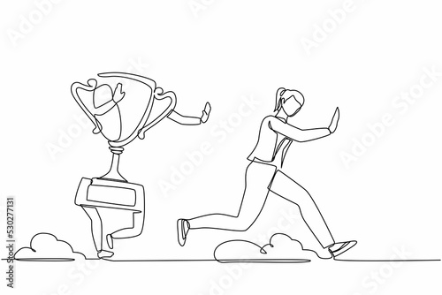 Single continuous line drawing scared businesswoman being chased by trophy. Female worker failed with business direction, mission, vision. Minimalism metaphor. One line draw design vector illustration