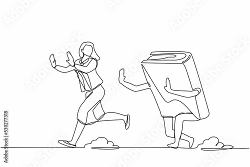 Single continuous line drawing scared businesswoman being chased by book. Female worker hurry in higher education to pursue career growth. Minimalism metaphor. One line draw design vector illustration