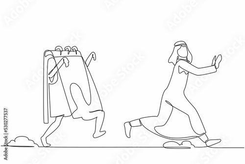 Single one line drawing unhappy Arabian businessman being chased by calendar. Office employee exhausted with rush project schedule. Minimal metaphor. Continuous line design graphic vector illustration