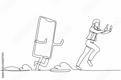 Single one line drawing scared businesswoman being chased by smartphone. Female manager refuse to talk about business project. Minimal metaphor. Continuous line draw design graphic vector illustration