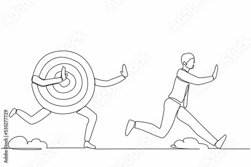 Single continuous line drawing stressed businessman being chased by archery bullseye target. Losing motivation to achieve business goal, advancement in career. One line draw design vector illustration