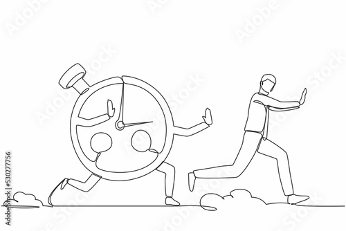 Single continuous line drawing stressed businessman being chased by stopwatch. Manager chased by measurement, time management, effective planning concept. One line graphic design vector illustration