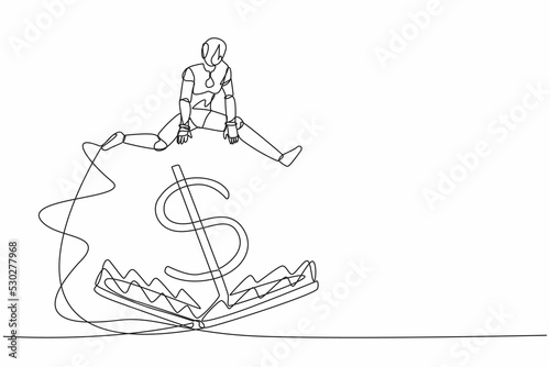 Continuous one line drawing robot jumping over money pitfall with big money dollar symbol. Financial money trap. Humanoid future robot cybernetic organism. Single line draw design vector illustration photo