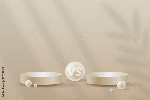 Versus VS sign with blue empty podiums or pedestals, abstract circles on background. Sport confrontation, martial arts combat, fight competition or challenge vector.
