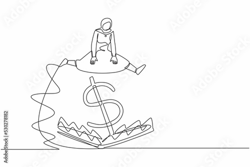 Single one line drawing Arabian businesswoman jumping over money pitfall with big money dollar symbol. Financial money trap, ponzi business scheme. Continuous line design graphic vector illustration