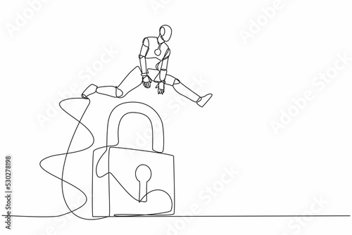Single continuous line drawing robot jumping big padlock. Business protection security. Success business key accessibility. Robotic artificial intelligence. One line draw design vector illustration