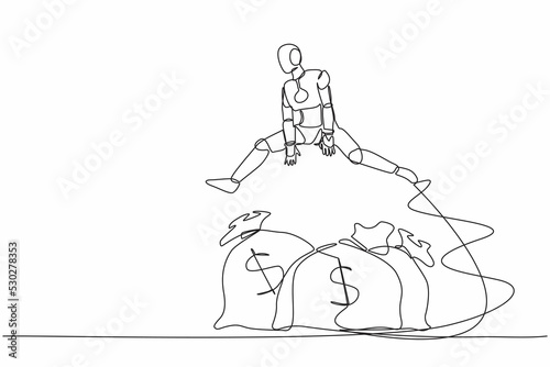 Single continuous line drawing robot jumping over money bag. Business loan or capital funding, money help in crisis. Modern robotic artificial intelligence. One line graphic design vector illustration