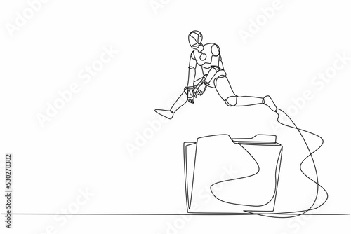 Single one line drawing robot jumping over big folder icon. User data archive. Office paper document, file folders. Future technology development. Continuous line design graphic vector illustration
