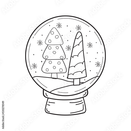 vector illustration of Christmas trees in a Christmas snow globe. Doodle illustration snow globe