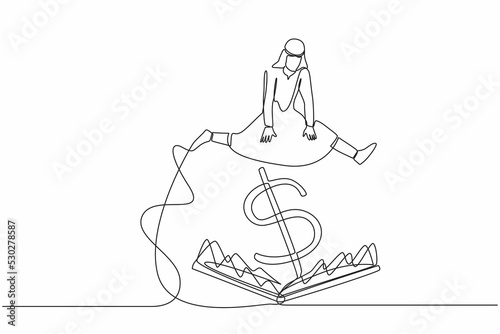 Single continuous line drawing Arab businessman jumping over pitfall with big money dollar sign bait. Financial investment scam. Trap of getting rich for a moment. One line design vector illustration