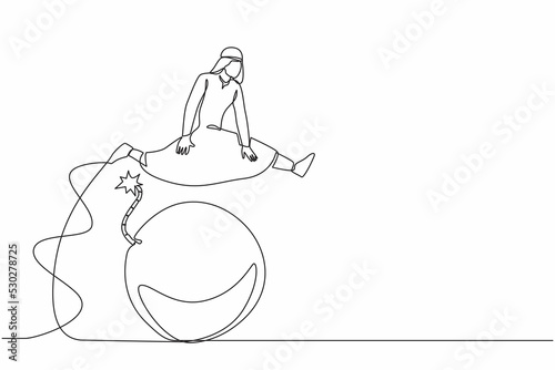Single continuous line drawing Arab businessman jumping over bomb. Economic crisis explosion. Anticipate the explosive impact of the world financial downfall. One line draw design vector illustration