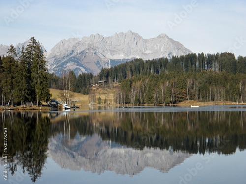 lake in the mountains with surrounding trees and perfect reflection