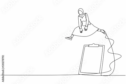 Single continuous line drawing Arab businesswoman jumping over big clipboard. Completion of business survey questionnaire. Checklist application paper. One line draw graphic design vector illustration
