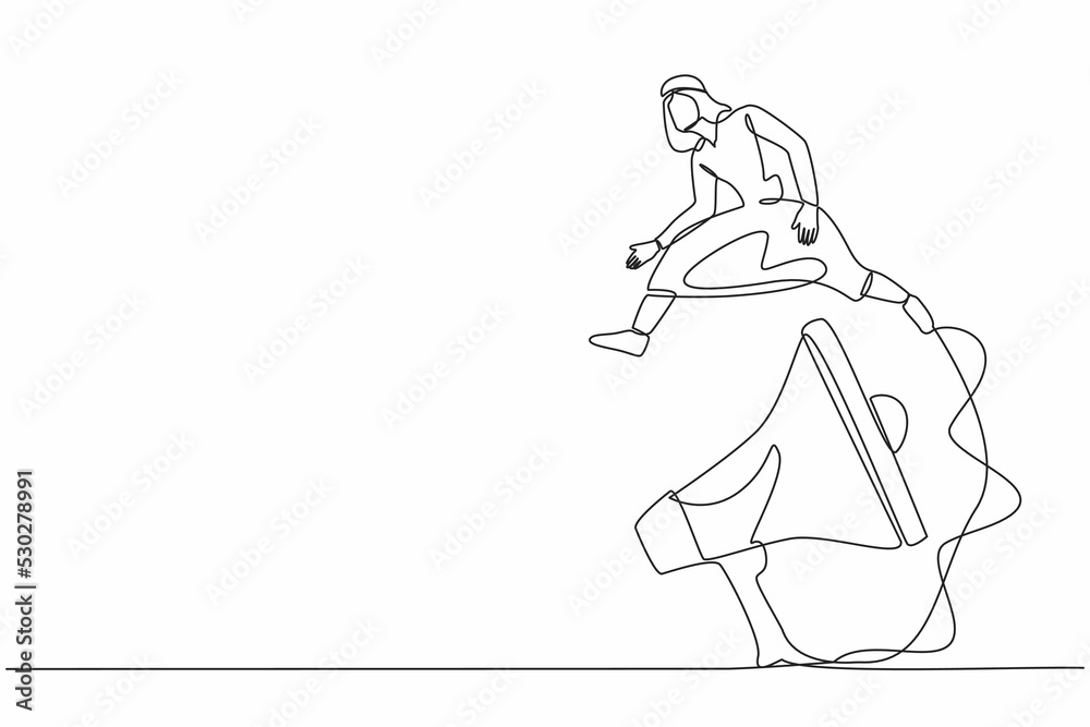 Single continuous line drawing Arab businessman jump over big megaphone. Marketing strategy in mass communication. Loudspeaker technology for giving announcement. One line design vector illustration