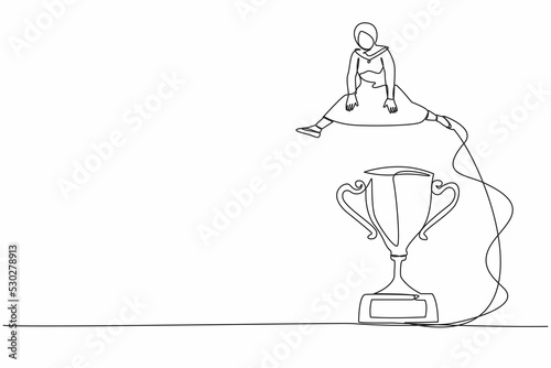 Continuous one line drawing Arabian businesswoman jumping over big trophy. Challenge or succeed in business competition. Celebrate work achievement. Single line draw design vector graphic illustration