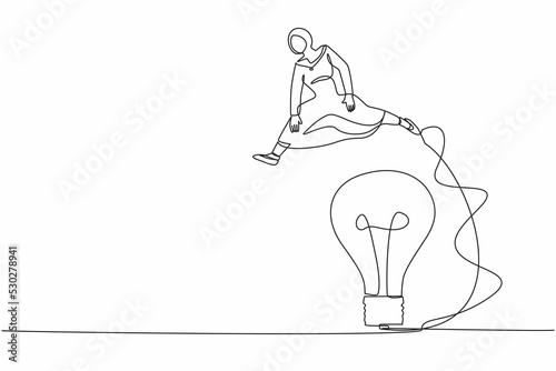 Single continuous line drawing Arabian businesswoman jumping over big light bulb. Innovation transformation technology. Improvisation business idea. One line draw graphic design vector illustration