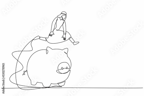 Single one line drawing Arab businessman jumping over piggy bank. Financial management with budget planning. Security of money storage. Modern continuous line draw design graphic vector illustration