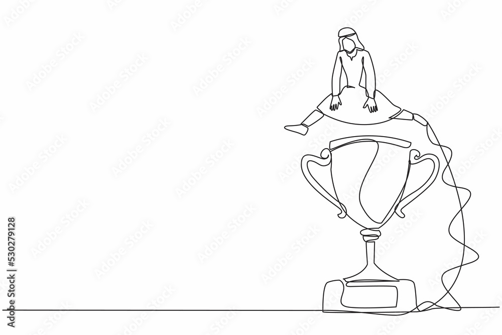 Single continuous line drawing Arab businessman jumping over big trophy. Symbolization of business challenge conquer. Success or victory, winning prize award. One line draw design vector illustration Single continuous line drawing Arab businessman jumping over big trophy. Symbolization of business challenge conquer. Success or victory, winning prize award. One line draw design vector illustration