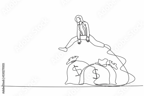 Single one line drawing businesswoman jump over money bag. Stimulus budget for starting company. Business loan or capital funding, money help in crisis. Continuous line draw design vector illustration