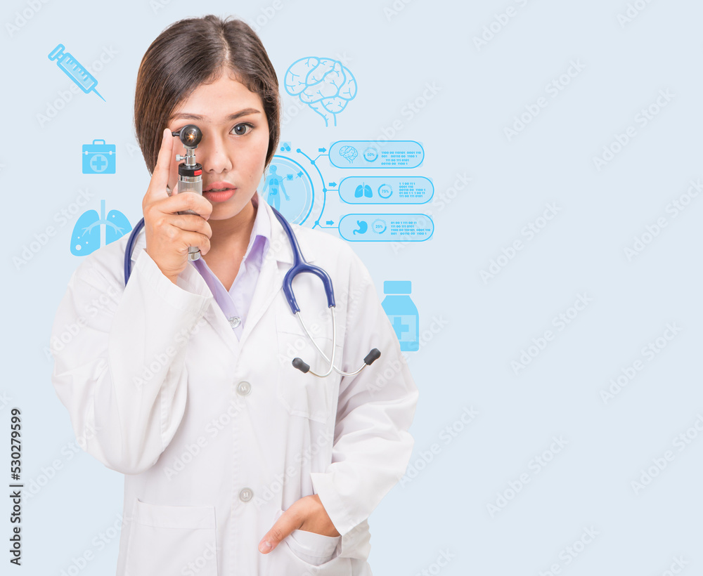 Ear doctor with otoscope in hand with medical icons on background Ear doctor with otoscope in hand with medical icons on background