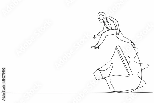 Continuous one line drawing businesswoman jumping over big megaphone. Marketing device equipment. Loudspeaker technology. Announcement, advertising. Single line draw design vector graphic illustration