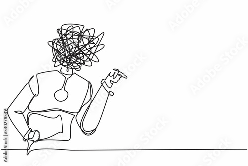 Continuous one line drawing robot with round scribbles instead of head. Angry robot arguing, conflicting. Quarrel fight aggressive. Humanoid cybernetic. Single line design vector graphic illustration