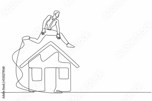 Single continuous line drawing businessman jumping over house. Housing loan or real estate investment. Mortgage agreement to bank. Debt obligation. One line draw graphic design vector illustration