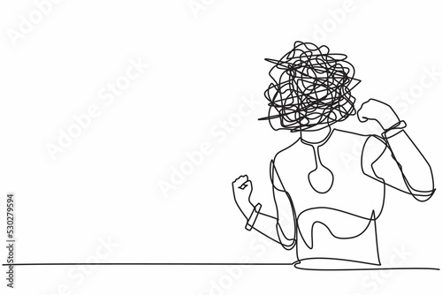 Single one line drawing robot with round scribbles instead of head, standing showing threatening gesture with clenched fist. Future technology. Continuous line draw design graphic vector illustration