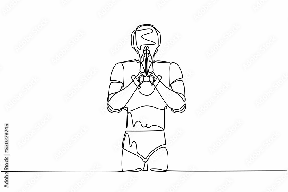 Single continuous line drawing robot standing with holding palms in prayer. Robot emotion, body language gesture. Modern robotic artificial intelligence. One line graphic design vector illustration