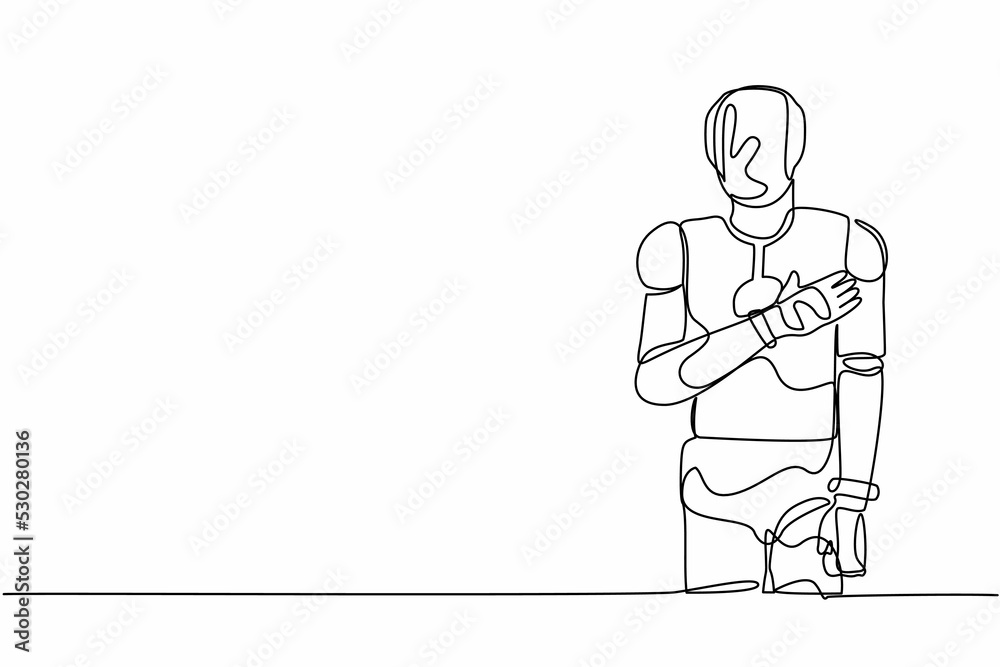 Single one line drawing robot standing with keeping hands on chest. Friendly robot expressing gratitude. Future technology. Artificial intelligence. Continuous line design vector graphic illustration Single one line drawing robot standing with keeping hands on chest. Friendly robot expressing gratitude. Future technology. Artificial intelligence. Continuous line design vector graphic illustration