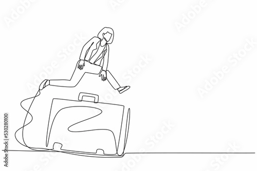 Single continuous line drawing businesswoman jumping over big briefcase. Manager diplomat conclude contracts and store financial information. Professional suitcase. One line design vector illustration