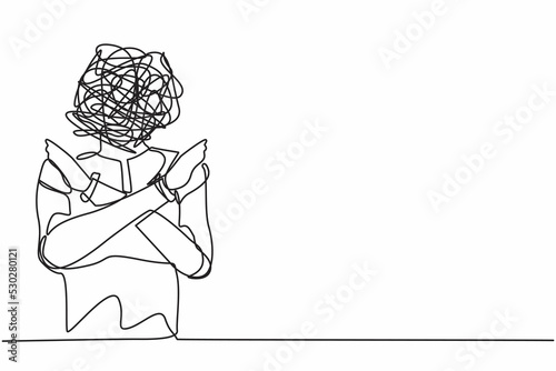 Single continuous line drawing robot with round scribbles instead of ahead, making x symbol, crossing hands, rejection, displeased. Robotic artificial intelligence. One line design vector illustration