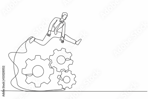 Continuous one line drawing businessman jumping over big gears. Entrepreneur creating and developing business idea twists gear. Operation management system. Single line draw design vector illustration