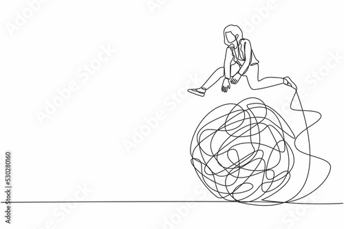 Single one line drawing businesswoman jumping over tangled scribble. Overcoming complexity of problem. Solution looking for complicated problem. Continuous line draw design graphic vector illustration