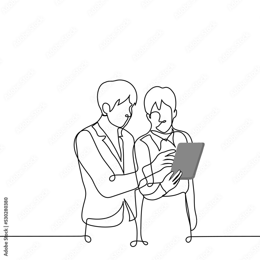 men are standing with a tablet, one is holding the other one is pressing a finger on the screen - one line drawing vector. concept boss and subordinate, consult with a colleague, check data men are standing with a tablet, one is holding the other one is pressing a finger on the screen - one line drawing vector. concept boss and subordinate, consult with a colleague, check data