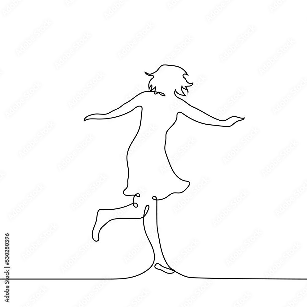 girl in dress jumping or running - one line drawing vector. concept aerial easy running, healthy legs or youth, jumping for happiness, skipping girl in dress jumping or running - one line drawing vector. concept aerial easy running, healthy legs or youth, jumping for happiness, skipping