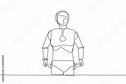 Single continuous line drawing robot standing with pocket turned outward, no money. Bankrupt. Robotic artificial intelligence. Electronic technology industry. One line draw design vector illustration