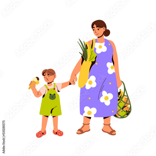 Mother carrying grocery mesh bag after shopping, kid eating ice-cream. Woman mom and happy child walk from food store with summer fruits in tote. Flat vector illustration isolated on white background