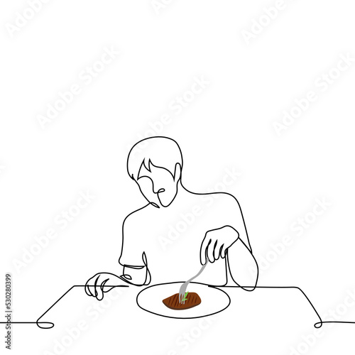 men pierces a large steak with a fork - one line drawing vector. concept eat a steak, eat with a fork without a knife, check the readiness of the dish