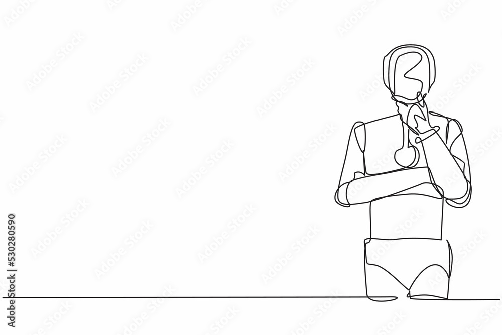 Single continuous line drawing robot standing in thoughtful pose holding chin thinking. Modern robotic artificial intelligence. Electronic technology industry. One line draw design vector illustration Single continuous line drawing robot standing in thoughtful pose holding chin thinking. Modern robotic artificial intelligence. Electronic technology industry. One line draw design vector illustration
