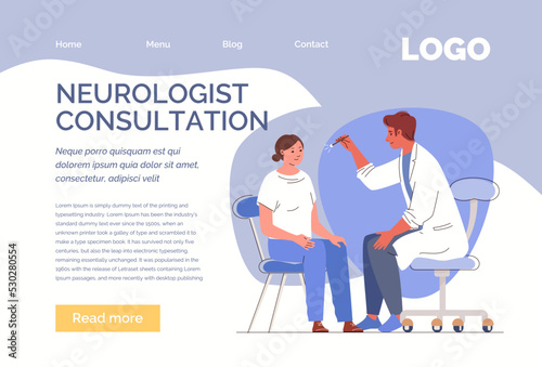 Diagnosis and treatment of neurological diseases. Character of neurologist checks eye reflexes of female patient. Visit to doctor. Web template, landing page. Flat cartoon. Vector.
 photo