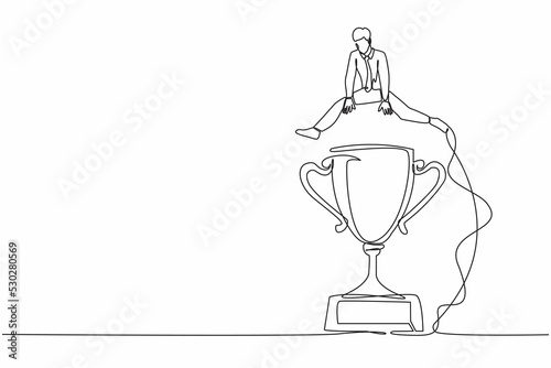 Single one line drawing businessman jumping over big trophy. Success or victory, winning prize or trophy, challenge or succeed in business competition. Continuous line draw design vector illustration
